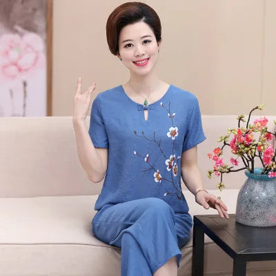ឈុតគេងសម្រាប់ម្តាយវ័យកណ្តាល ដៃខ្លី ធ្វើពីកប្បាស លីនីល សម្រាប់រដូវក្ដៅ សម្រាប់ស្ត្រី ឈុតពីរដុំ សម្លៀកបំពាក់នៅផ្ទះ សម្រាប់ស្លៀកចេញទៅក្រៅ ទំហំ 4XL