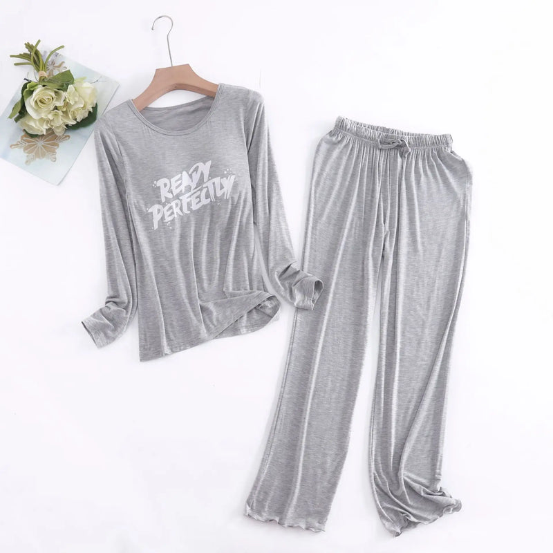 Spring Ladie's Modal Pajamas Sleepwear Set Letter Print Women Pajama 2 Piece Suit Full Sleeves Shirt Pant Lingerie Homewear