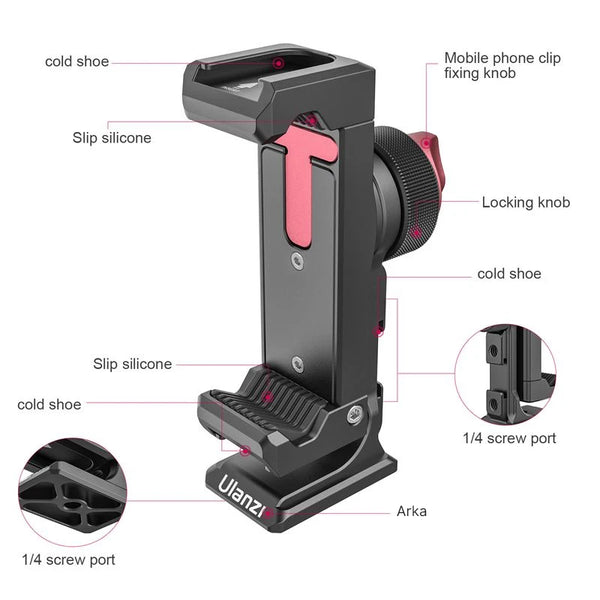 ក្លីបទូរស័ព្ទដែក Ulanzi ST-27 Iron Man IV ថតបាន 360° បញ្ឈរ ក្លីបស្មាតហ្វូន ជាមួយជើងទ្រត្រជាក់ 1/4'' Arca Tripod