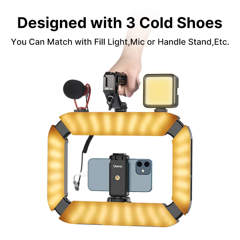 ភ្លើង LED សម្រាប់ថតវីដេអូលើស្មាតហ្វូន Ulanzi U200 សម្រាប់កាមេរ៉ា GoPro និង Youtube Live Lamp ជាមួយ Cold Shoe សម្រាប់មីក្រូហ្វូន និងជើងកាមេរ៉ាវីដេអូ