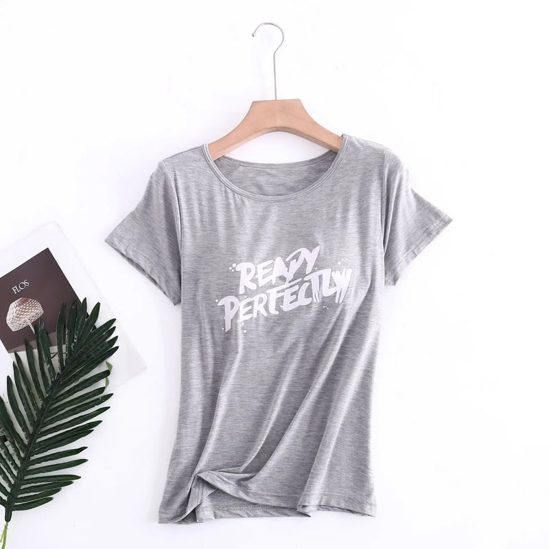 Fdfklak Letter Print Modal Sleepwear Tops Casual Sleep T Shirt Bra Padded Short Sleeve Home Clothes One Piece Pajamas Women