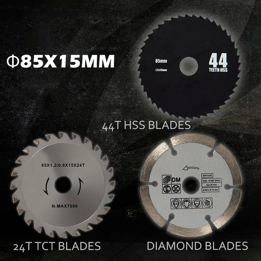 PROSTORMER 3pcs/lot 85mm Circular Saw Blades HSS/TCT Woodworking Rotary Tool Cutting Discs Mandrel for Mini Circular Saw PTET030