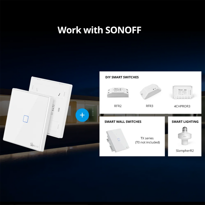 SONOFF T2EU-RF Wall Panel Sticky 433MHz RF Remote Wireless 1-3 Gang Two-Way Control with 4CHPROR3 RFR2 TX Wall Switches