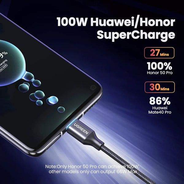 ខ្សែសាក UGREEN 6A 100W SCP Type C សម្រាប់ទូរសព្ទ Huawei Honor សាកថ្មលឿន USB-C ខ្សែសាកទិន្នន័យ Huawei Super Charge