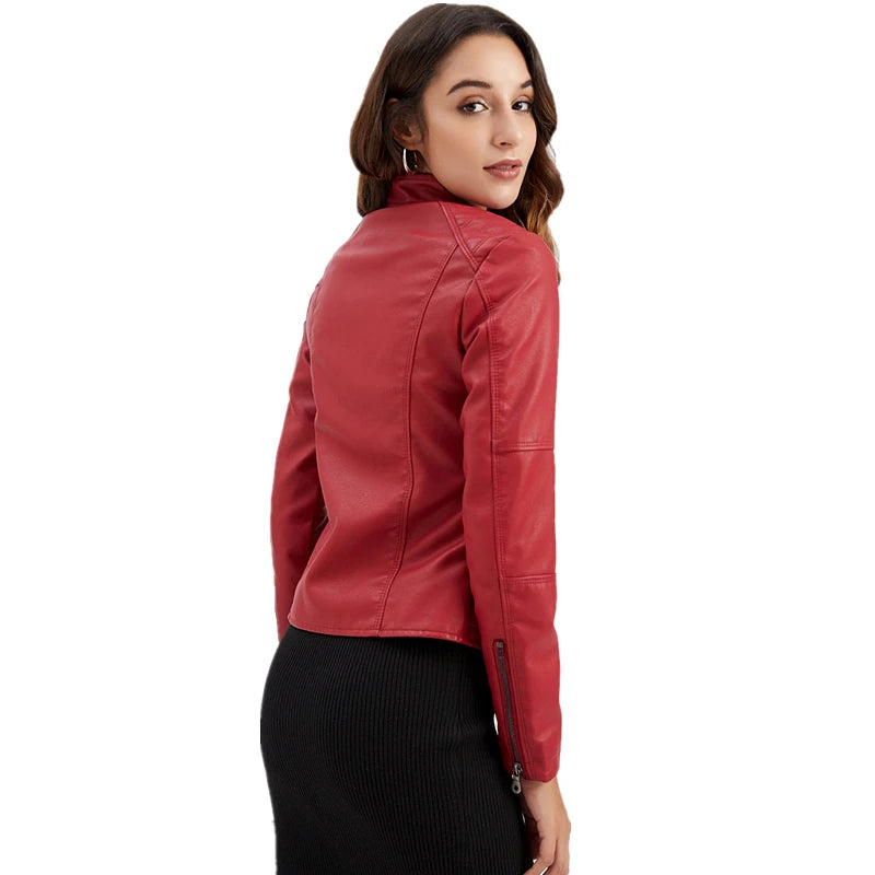 2026 Spring/Autumn New Style Gules Leather Jacket Women's Fashionable Trim Motorcycle Women Coat Black Purple Brown S-4XL
