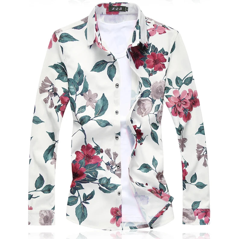 Men's White Small Stretch Long Sleeve Printed Shirt, Single Breasted Square Collar Shirts, Casual Camisa Male Chemise, New 2026