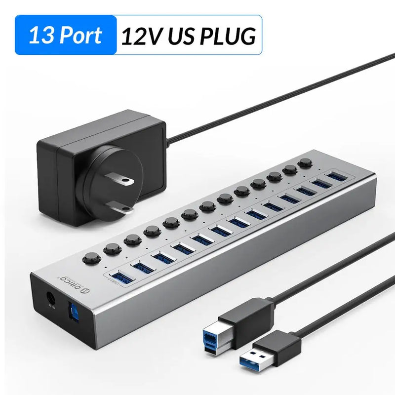 ORICO Industrial USB 3.0 HUB 7/10/13/16 Aluminum USB Splitter On/Off Switch With 12V Power Adapter Support Charging for Computer