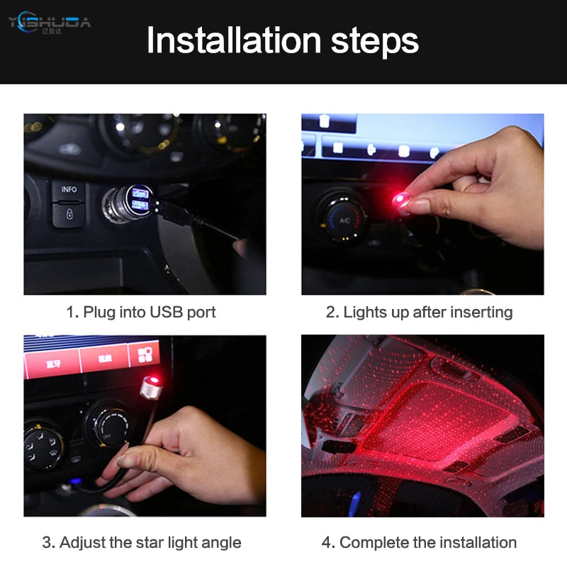 ភ្លើងបំភ្លឺដំបូលរថយន្ត UniversalLED Star Night Projector ចង្កៀងបរិយាកាស Galaxy ចង្កៀងតុបតែង USB អាចលៃតម្រូវបានច្រើនបែបផែនភ្លើងបំភ្លឺ