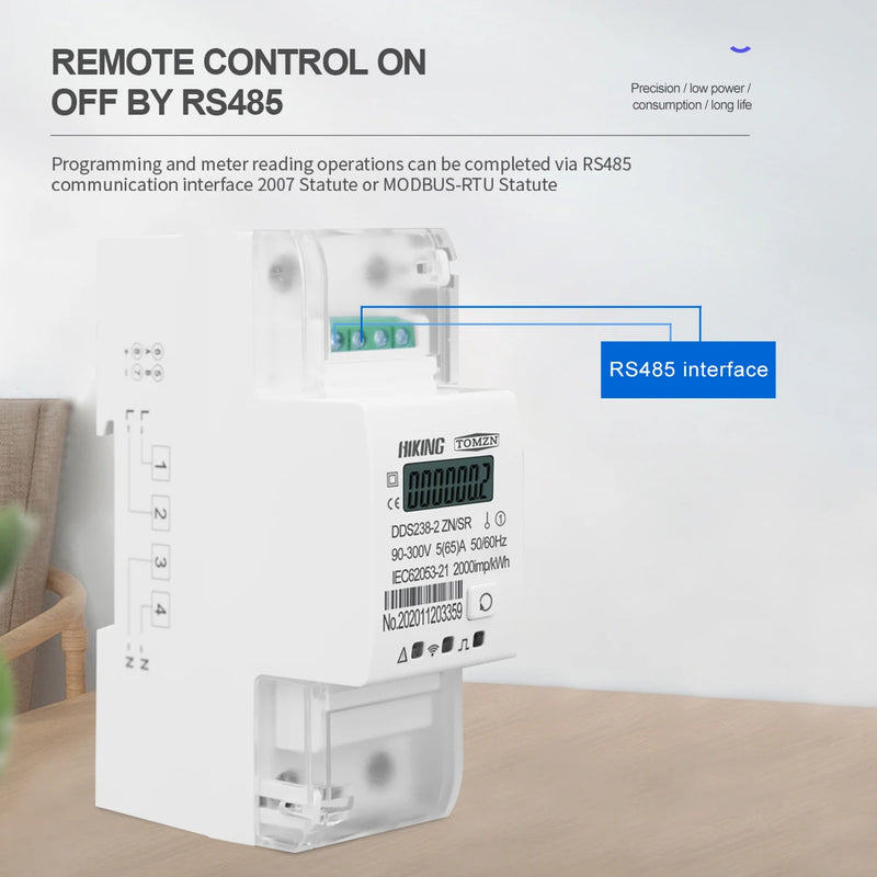 TOMZN Din Rail Single Phase Multi Function Energy Meter 90-300V KWh MODBUS-RUT Watt Hour Meter Remote Control ON/OFF by RS485 65