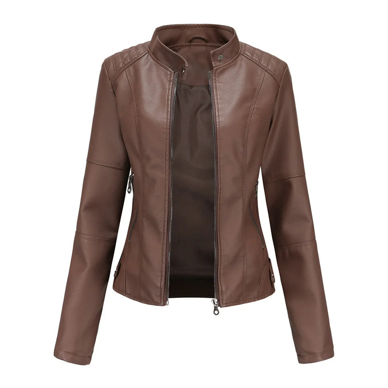 2026 Spring/Autumn New Style Gules Leather Jacket Women's Fashionable Trim Motorcycle Women Coat Black Purple Brown S-4XL