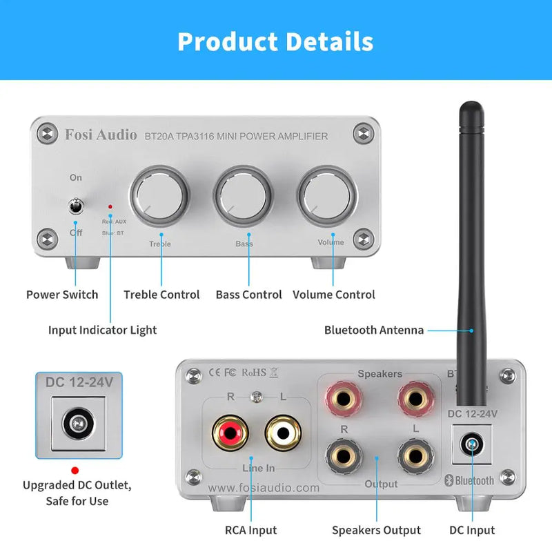 ឧបករណ៍បំពងសម្លេង Fosi Audio BT20A Bluetooth 5.0 ឧបករណ៍បំពងសម្លេងឌីជីថល 2*100W Mini HiFi Class D សម្រាប់គេហដ្ឋាន