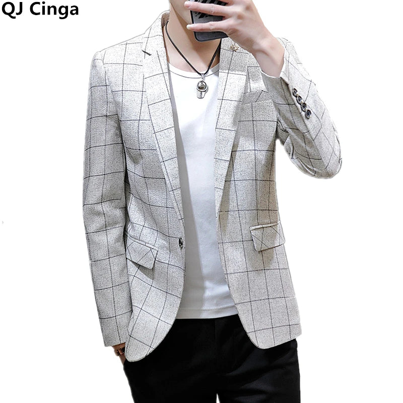 Off White Men's Plaid Suit Jacket, Spring /Autumn New Terno Masculino, Business Casual Blazers, Homme Fashion Slim Coat.