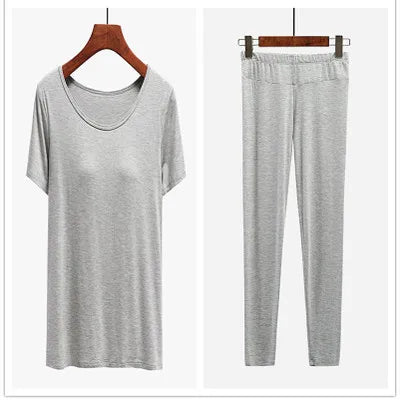 Modal cotton pijamas women chest pad short-sleeved trousers suit female pajamas sleepwear set tight elastic nightwear pyjama 3XL