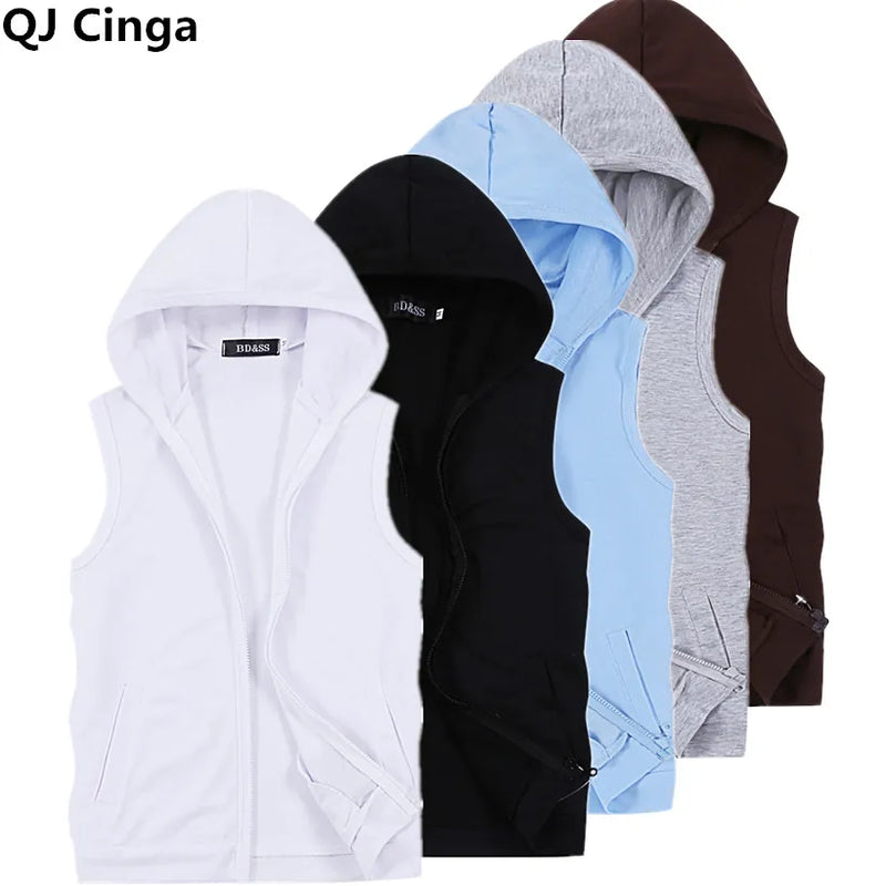 2026 New Men's Sleeveless Hooded Jacket, Zipper Control White Blue Grey This Coat Is Perfect for Spring Summer Fall 5xl