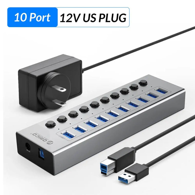 ORICO Industrial USB 3.0 HUB 7/10/13/16 Aluminum USB Splitter On/Off Switch With 12V Power Adapter Support Charging for Computer