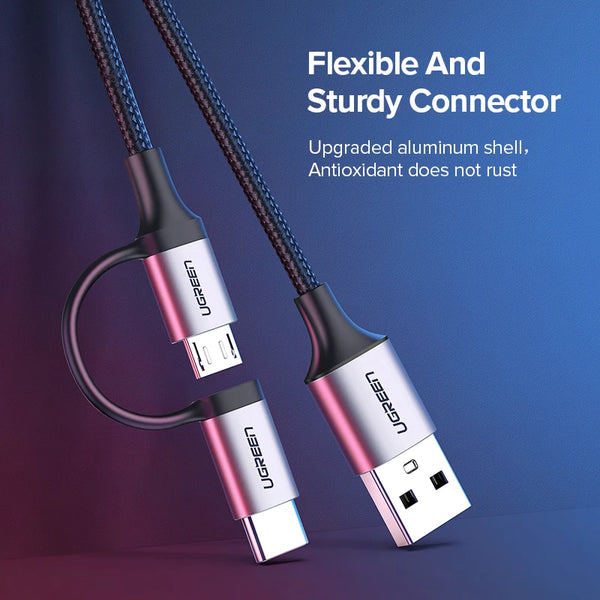 ខ្សែសាកលឿន UGREEN 2-in-1 Type-C USB-C & Micro USB Data Cable សម្រាប់ Samsung iPhone 17 Xiaomi iPad Fans Kindle