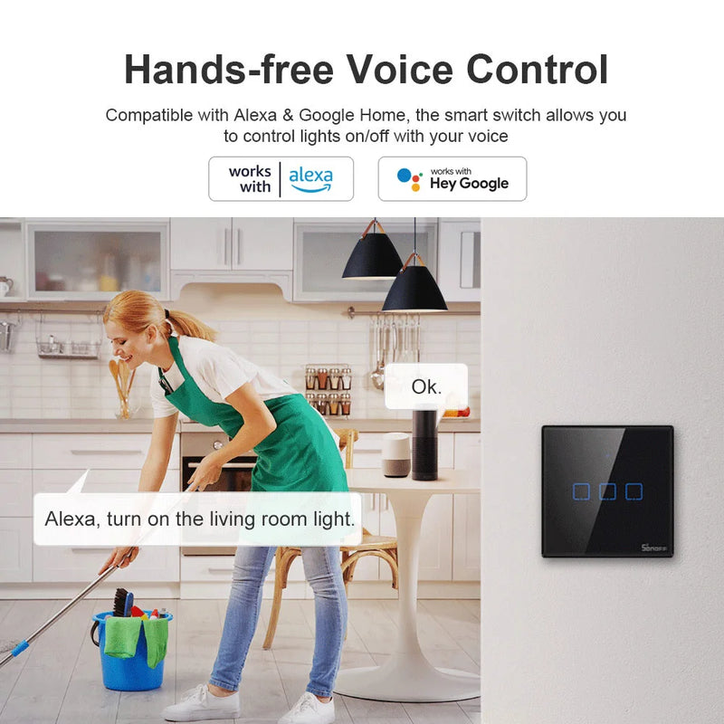 SONOFF T3EU Black WiFi Smart Wall Touch Switch 433Mhz RF Remote Control Time Schedule via eWeLink Works With Alexa Google Home