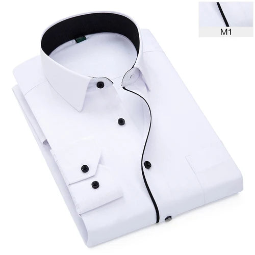 2026 New Men's Black-White Patchwork Long Sleeve Shirt, Business Office Shirts, Sky Blue Slim Fit Camisa/Chemise S-5XL