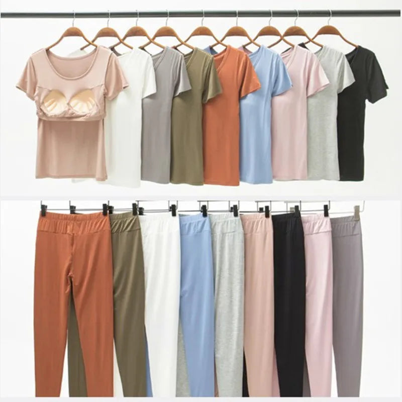 Modal cotton pijamas women chest pad short-sleeved trousers suit female pajamas sleepwear set tight elastic nightwear pyjama 3XL