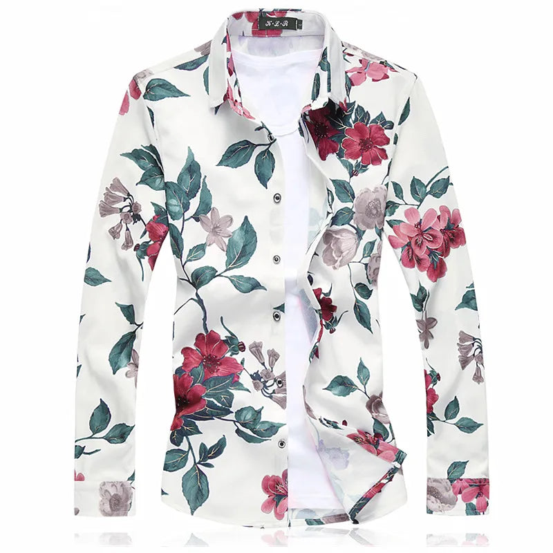 Men's White Small Stretch Long Sleeve Printed Shirt, Single Breasted Square Collar Shirts, Casual Camisa Male Chemise, New 2026