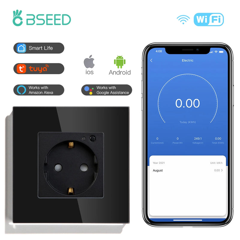 BSEED EU Electrical Wifi Smart Socket Wall Plug With Power Monitor Timing Function Tuya Alexa Smart Home Wireless Control 16A