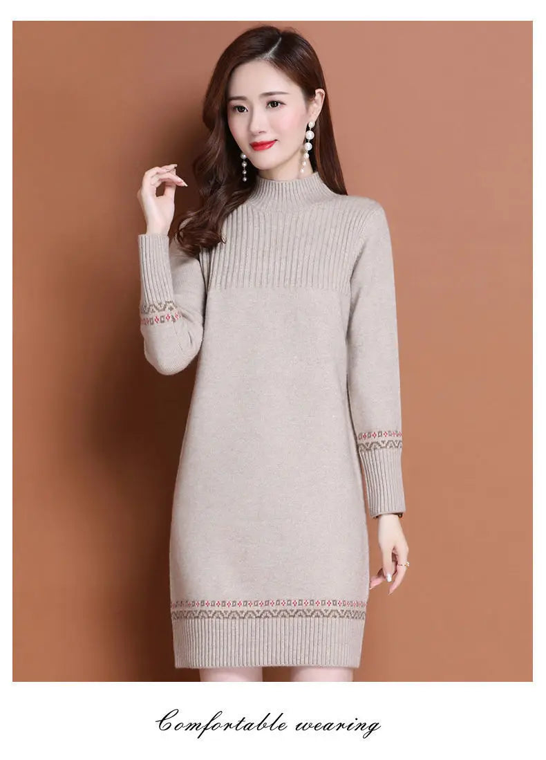 Fdfklak Warm Woolen Sweater Dress Women's Fall/Winter Long Sweater Thicken Half High Neck Knitted Bottoming Shirt Pull Femme