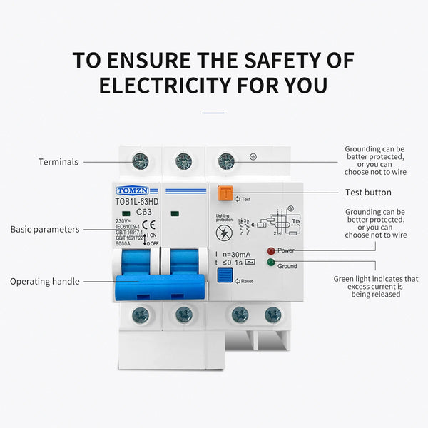 TOMZN Main Switch Residual Current Circuit Breaker With Surge Protector RCBO MCB With Lightning Protection SPD