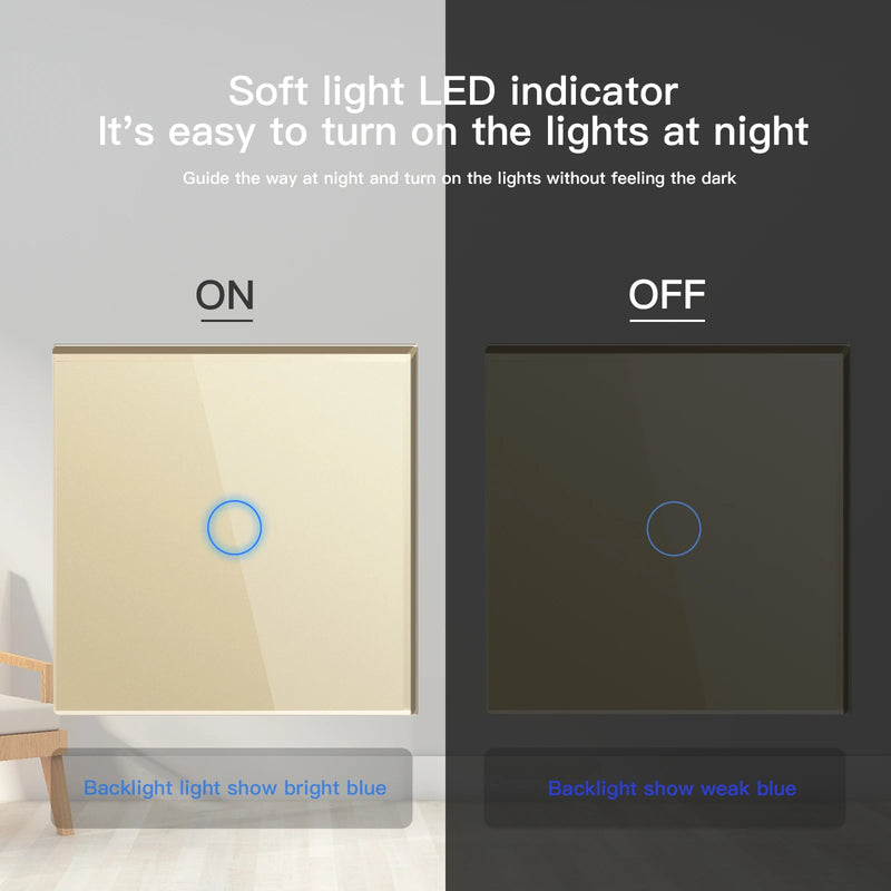 Bseed 2Packs Touch Light Switch 1Gang 2Way Wall Power Switches Light Switches For Stairs Glass Panel Blue Backlight 240V