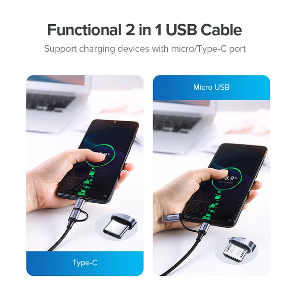 ខ្សែសាកលឿន UGREEN 2-in-1 Type-C USB-C & Micro USB Data Cable សម្រាប់ Samsung iPhone 17 Xiaomi iPad Fans Kindle