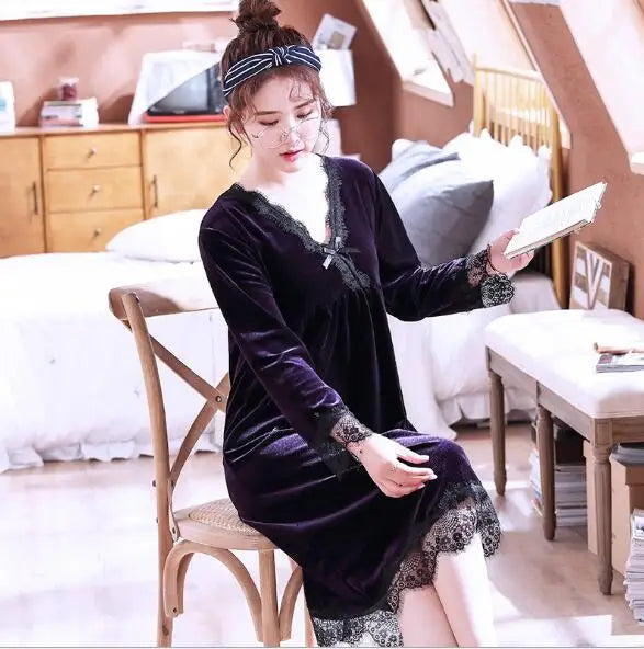 Sexy Lace Casual V-Neck Autumn Night Dress Women Gold Velvet Warm Spring Nightgowns Long Sleeve Loose Sleepwear Home Clothes