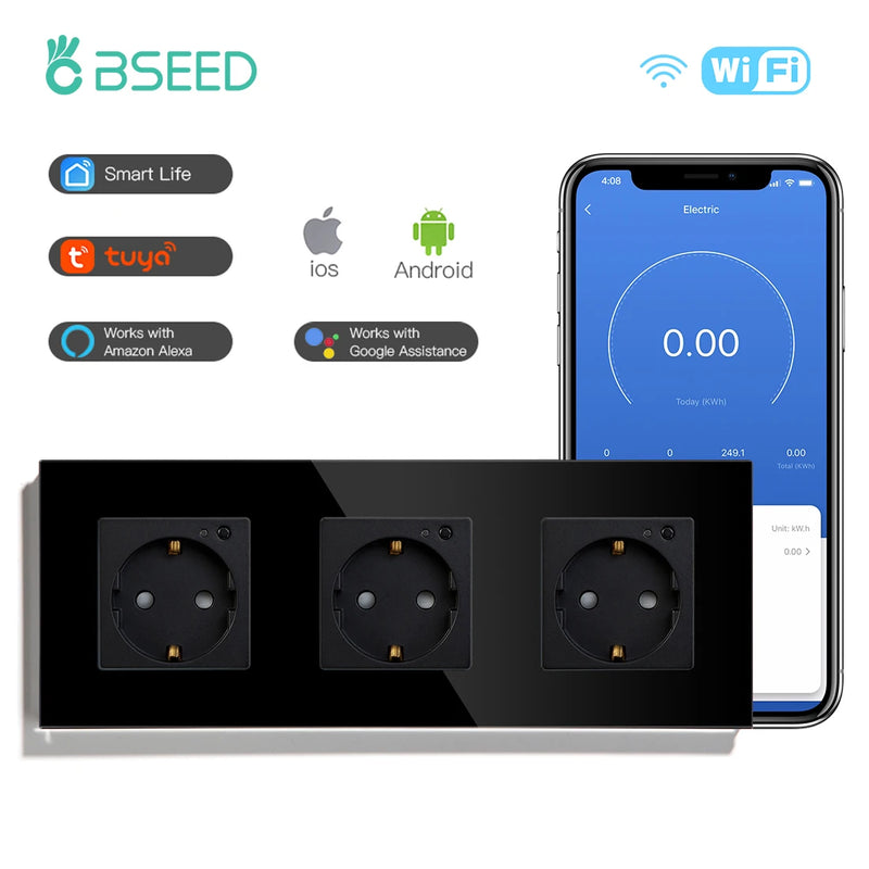 BSEED EU Electrical Wifi Smart Socket Wall Plug With Power Monitor Timing Function Tuya Alexa Smart Home Wireless Control 16A