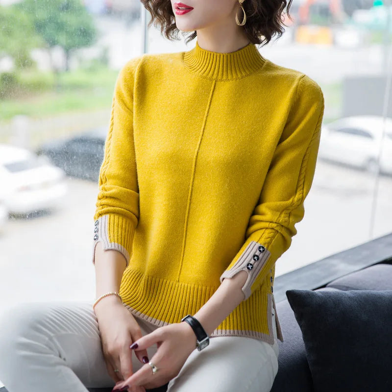 New Korean Women Base Sweater Loose Contrast Color Ladies Half High Neck Split Autumn Winter Pullover Sweaters Pull Tops Femme