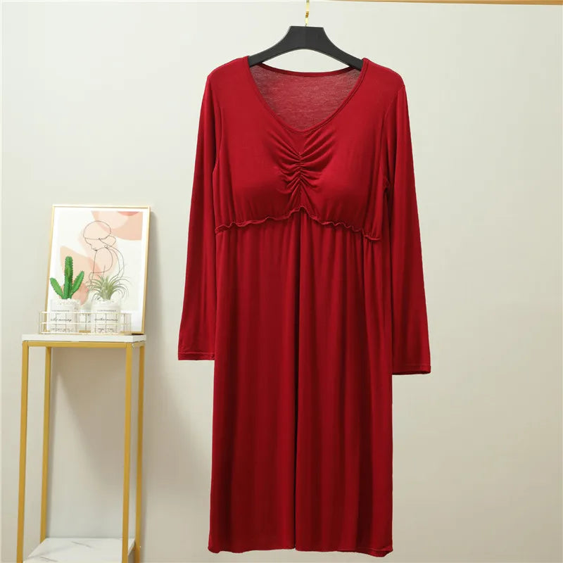 Fdfklak Comfortable Spring Autumn Modal Sleepwear Women Bra Padded Sexy Night Dress Long Sleeve Nightgowns Female Home Clothes