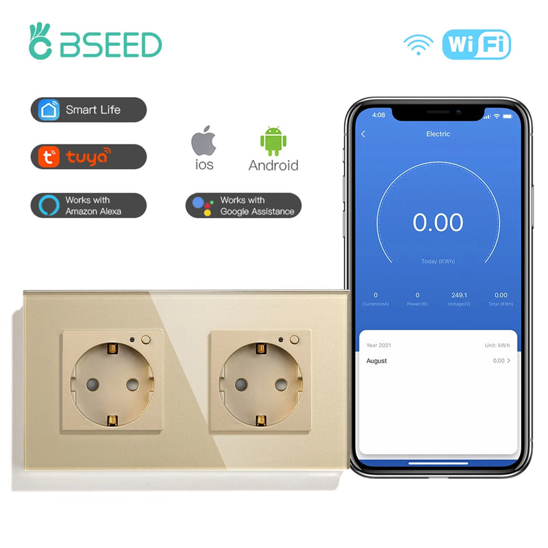 BSEED EU Electrical Wifi Smart Socket Wall Plug With Power Monitor Timing Function Tuya Alexa Smart Home Wireless Control 16A