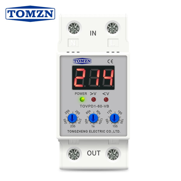 TOMZN LED Display 230V 40A 60A DIN Rail Adjustable Over Under Voltage Current Protective Device Protector Relay with Button