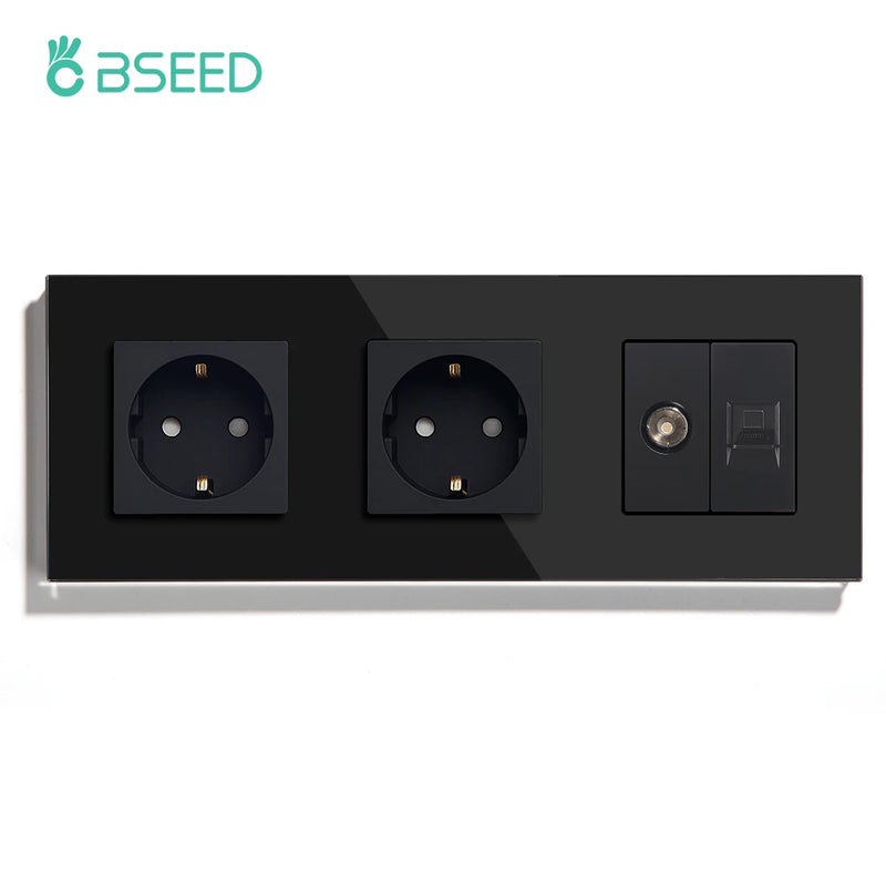 BSEED Double EU Wall Sockets Power Outlets White Black Golden Crystal TV Sockets Power CAT5 Internet Socket Kids Protection 16A