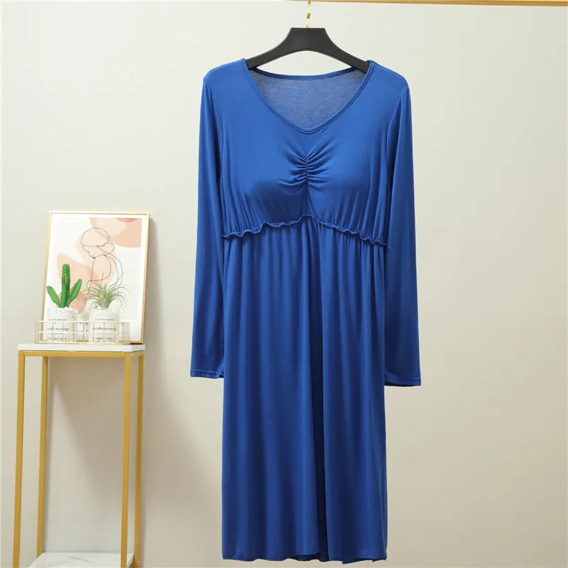 Fdfklak Comfortable Spring Autumn Modal Sleepwear Women Bra Padded Sexy Night Dress Long Sleeve Nightgowns Female Home Clothes
