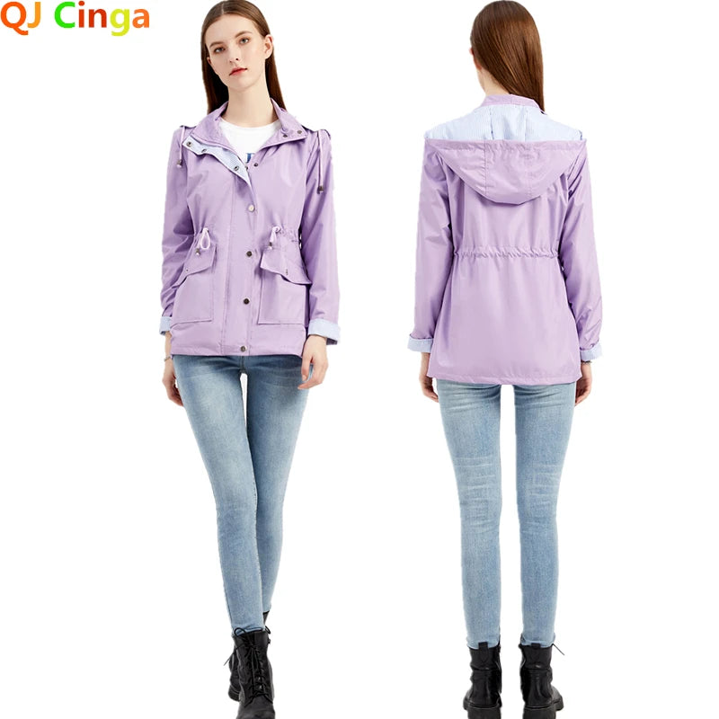 Purple Hooded Jacket for Spring 2026 Women's Office Fashion Women Outerwear Hat with Removable Waist Drawstring Water Proof