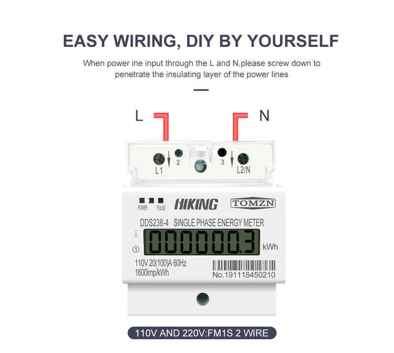 TOMZN 100A 110V 220V 50-60HZ LCD Single Phase 2 Wire 3 Wire Din-rail kWh Watt Hour Energy Meter for America