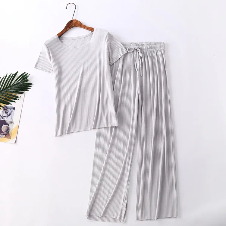 Fdfklak Pijama Mujer New Comfortable Modal Cotton Sleepwear Women Spring Summer Short Sleeve Trousers Set 2025 Pajama Sets