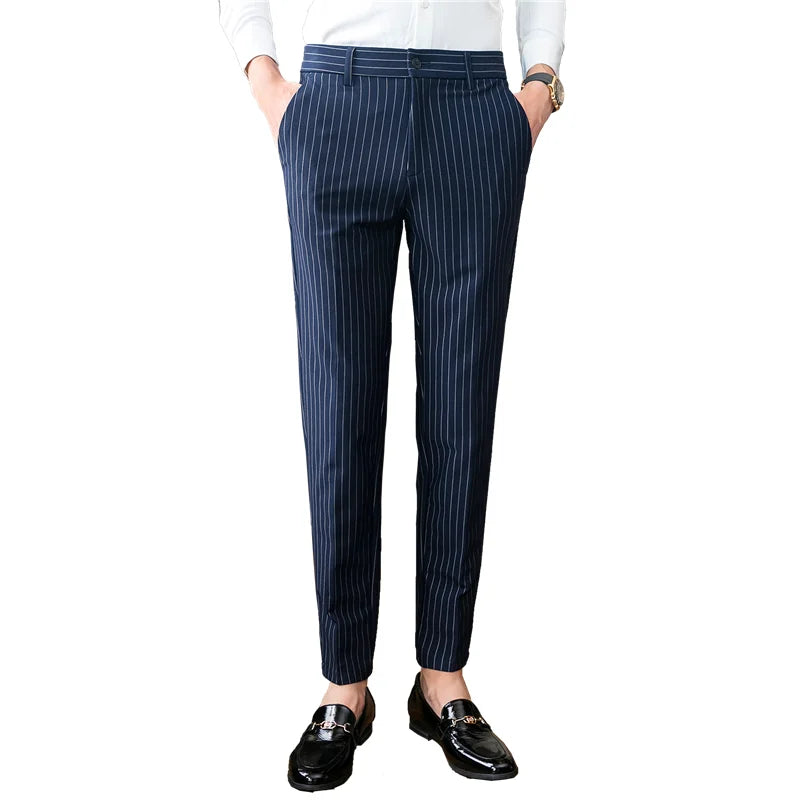 Men's White Vertical Stripes Suit Pants, Blue Black Trousers, Fashion Slim Pant Business Pantalones Hombre Autumn New Slacks