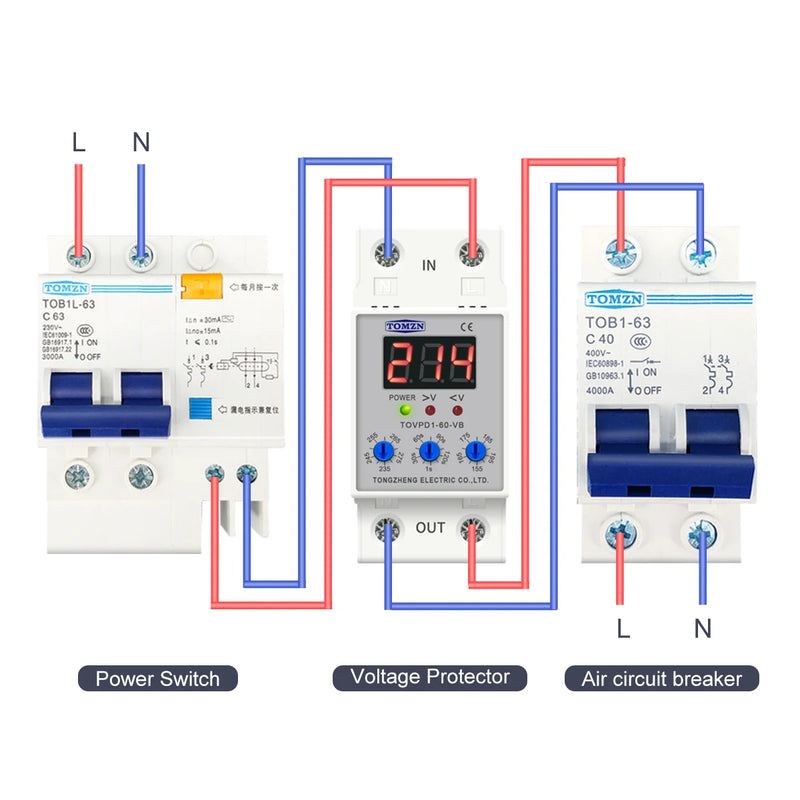 TOMZN LED Display 230V 40A 60A DIN Rail Adjustable Over Under Voltage Current Protective Device Protector Relay with Button