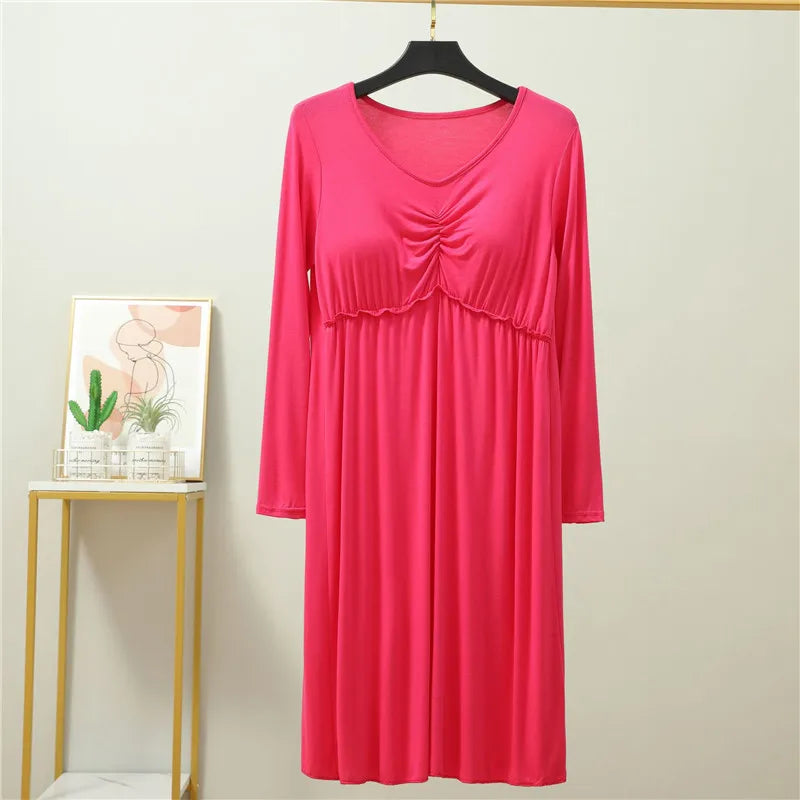 Fdfklak Comfortable Spring Autumn Modal Sleepwear Women Bra Padded Sexy Night Dress Long Sleeve Nightgowns Female Home Clothes