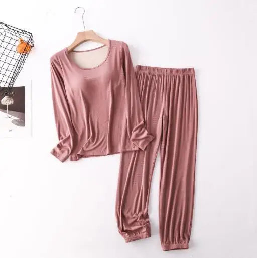 Spring Autumn Sleepwear Women New Modal Cotton Pajamas Set Bra Padded Long Sleeve Trousers Two Piece Suit Comfortable Home Wear