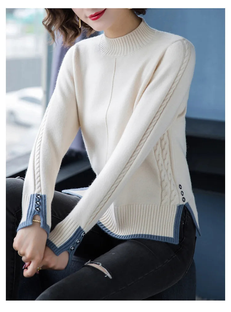New Korean Women Base Sweater Loose Contrast Color Ladies Half High Neck Split Autumn Winter Pullover Sweaters Pull Tops Femme