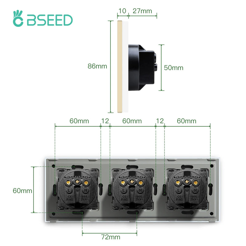 BSEED EU Wall Sockets Single Power Outlet Double Glass Frame USB Type-C Charge Ports Triple Socket Plugs Kids Protection 16A