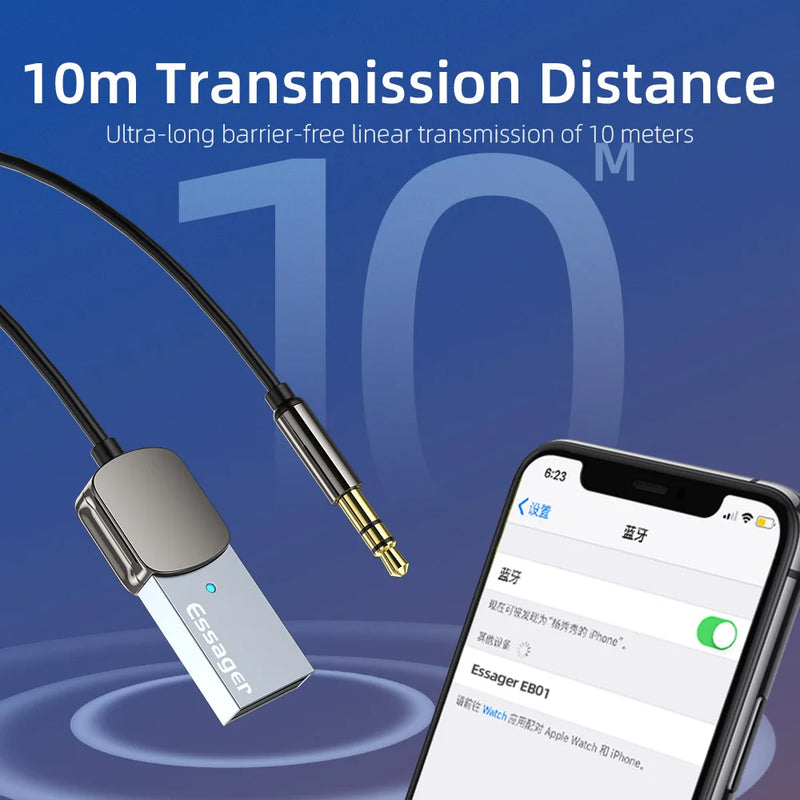 ឧបករណ៍ភ្ជាប់ Essager Bluetooth 5.0 Aux សម្រាប់រថយន្ត ឧបករណ៍ទទួលឥតខ្សែ USB ទៅ 3.5mm Jack អូឌីយ៉ូ តន្ត្រី មីក្រូហ្វូន ឧបករណ៍បញ្ជូនឧបករណ៍បំពងសម្លេងក្នុងរថយន្ត