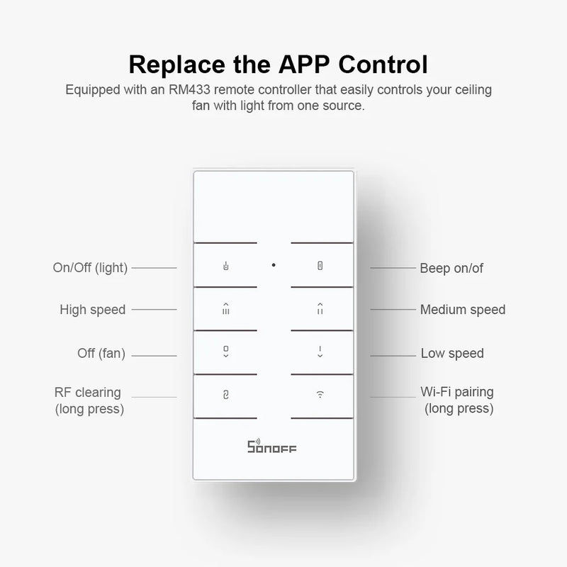 SONOFF iFan04 433Mhz RF 110V/220V Ceiling Fan & Light Remote Controller WiFi Smart Switch Voice Control via Google Home Alexa