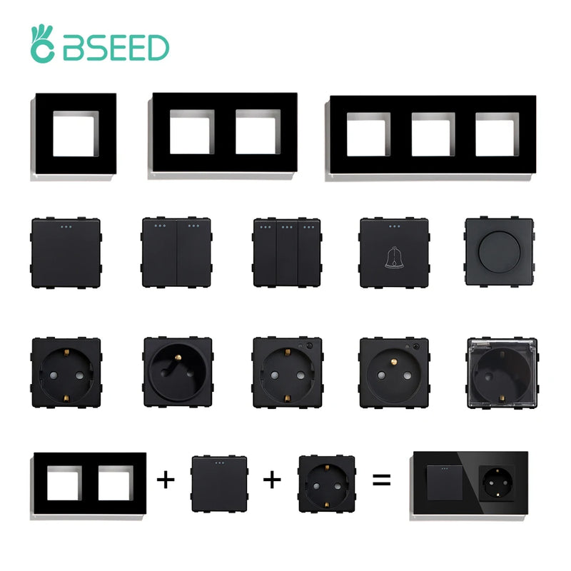 BSEED EU Standard 1/2/3Gang 1/2Way Push Button Switch Function Part Wall Glass Frame Power Sockets Light Switch DIY Parts Only