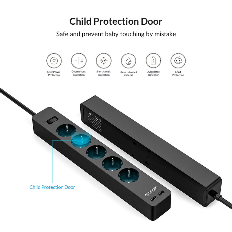 ORICO Power Strip Multiprise AC+2USB Electronic Socket Home Office Surge Protector EU Plug Extension Cable Wall Mounted Charger